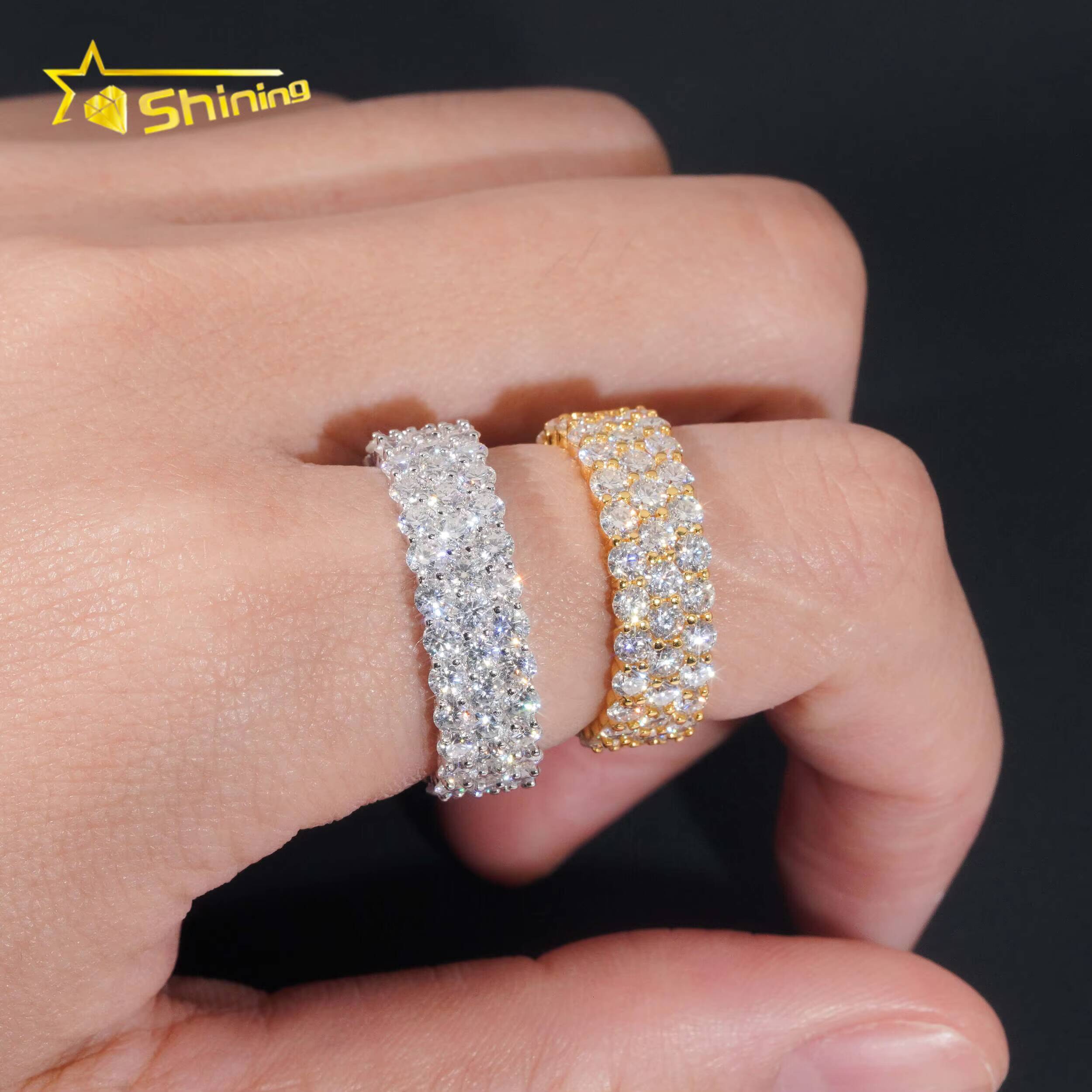 Fine Jewelry Men Hip Hop Ring Pass Diamond Tester 925 Silver Gold Plated 3 Rows VVS Iced Out Moissanite Diamond Ring