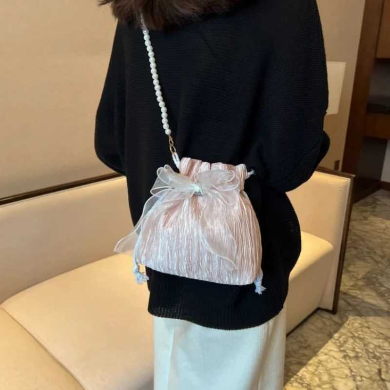 Lace Bow Bucket Crossbody Bags for Women Fashion Sweet Pearl Beading Pouch Ins Ladies Shoulder Handbags Allmatch Fairy SimpleW251028