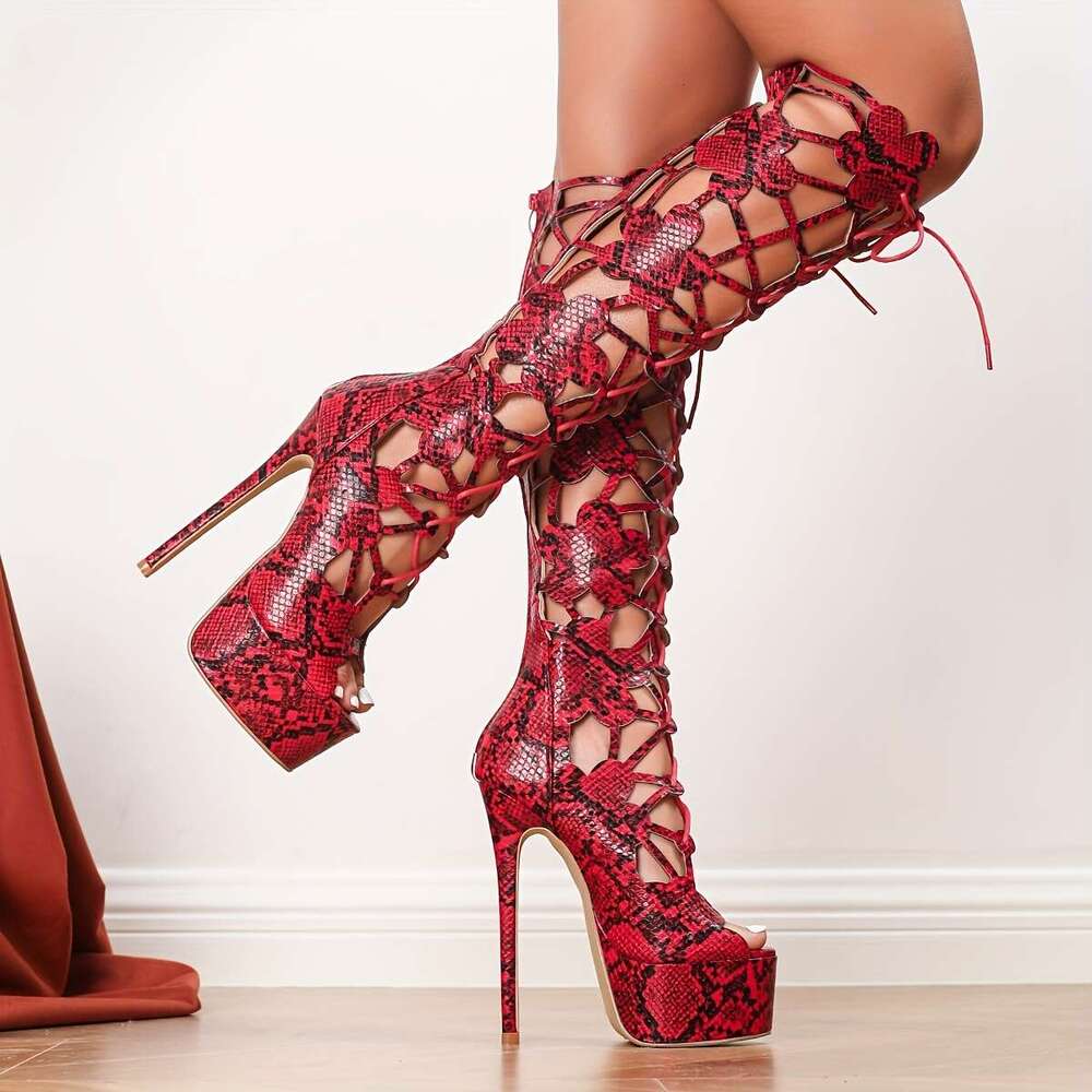 Women's Red Snake Print Open-Toe Stiletto Knee-High With Lace-Up Straps & Zipper Closure - 16Cm Ultra-High Dress Boots For Parties, Weddings, For