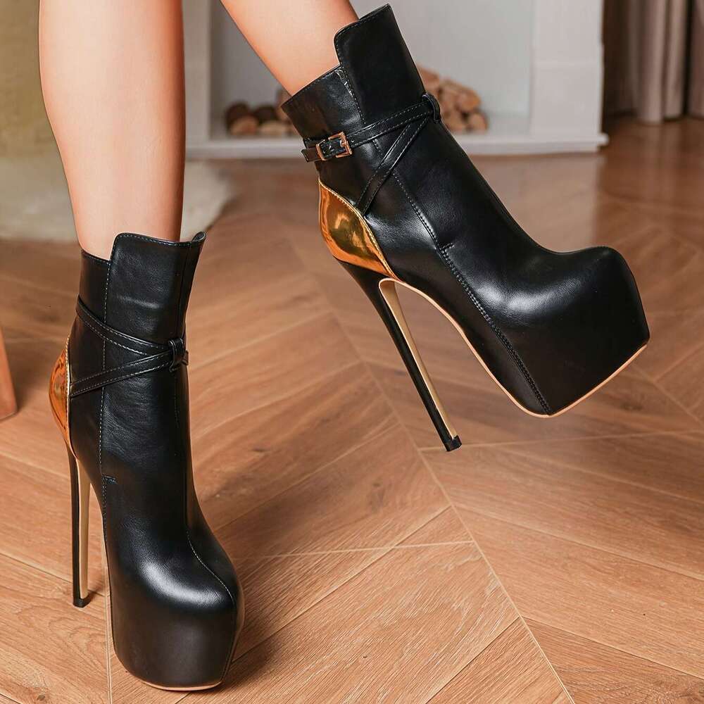 Plus Size 45/16Cm Stiletto Heels PU Cover Platform Ankle Boots With Adjustable Straps, Red Black Zipper Closure Cushioned Insole - Elegant Office & At