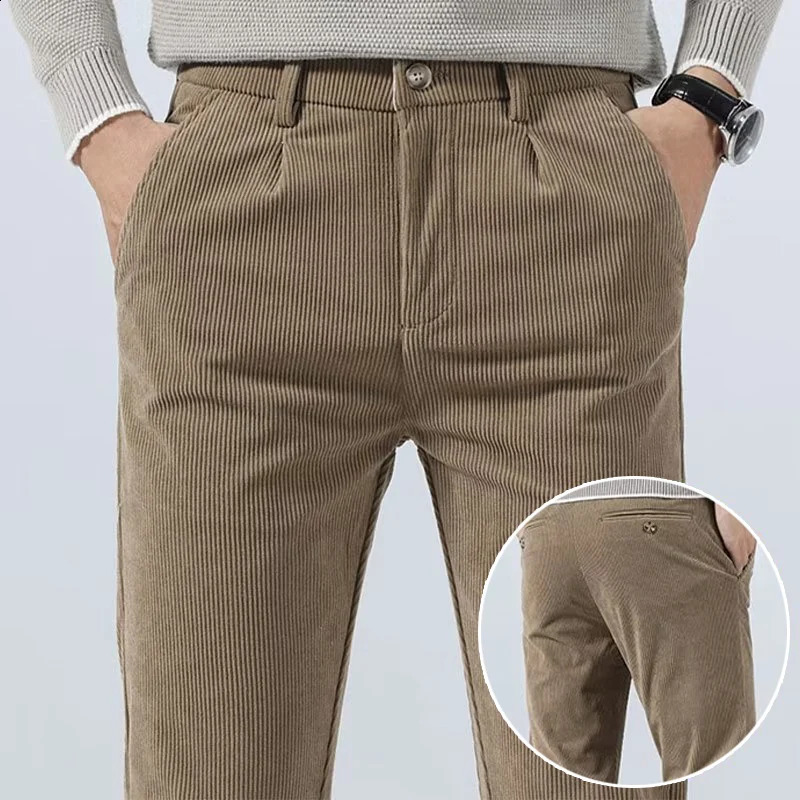 High Quality Brand Mens Corduroy ThickenPants Fashion Khaki Narrow Leg Casual Pants Thermal Plush Trousers Autumn Winter Male 251027
