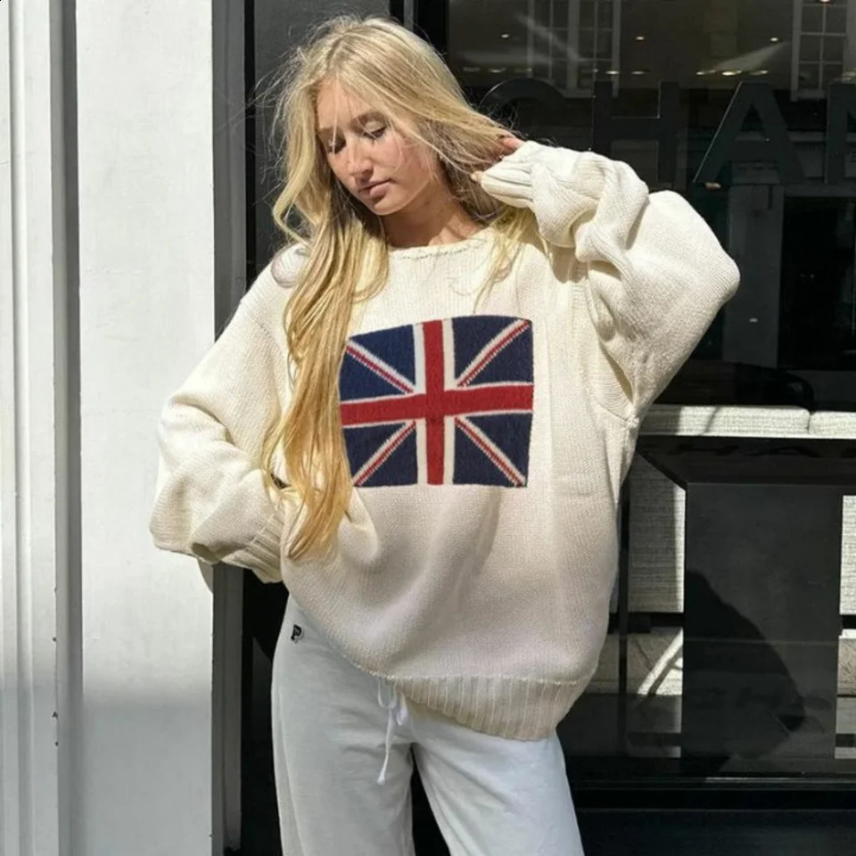 AutumnWinter European American British and American Rice Flag Knitted Sweater Womens Loose Large Round Neck Top 251027