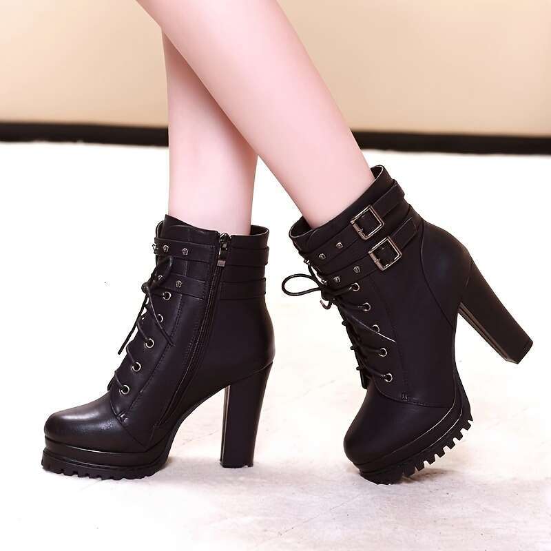 Women's Solid Color Stylish Side Zipper Platform Soft Sole Studded Buckle Boots, Lace Up Versatile Chunky Heel Boots