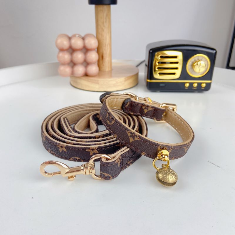 Premium PU Leather Designer Dog Collar & Leash Set Gold Hardware, Bell Charm, Adjustable for Cats/Small Dogs, 4 Patterns