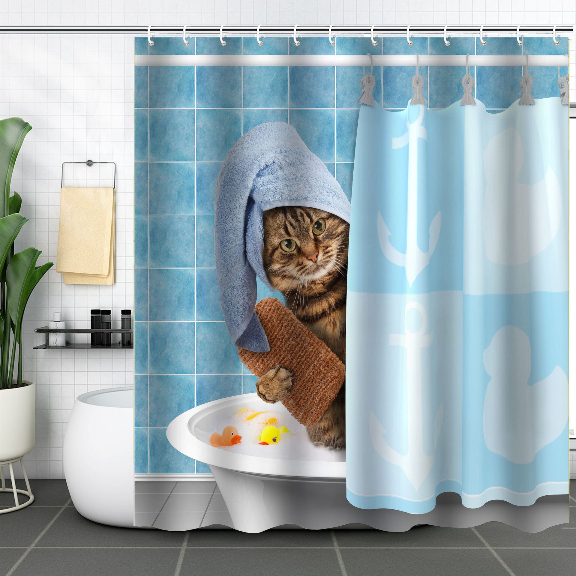 YL-37578 3D digital shower curtain for cat bathing bathroom with dry and wet separation polyester with hooks