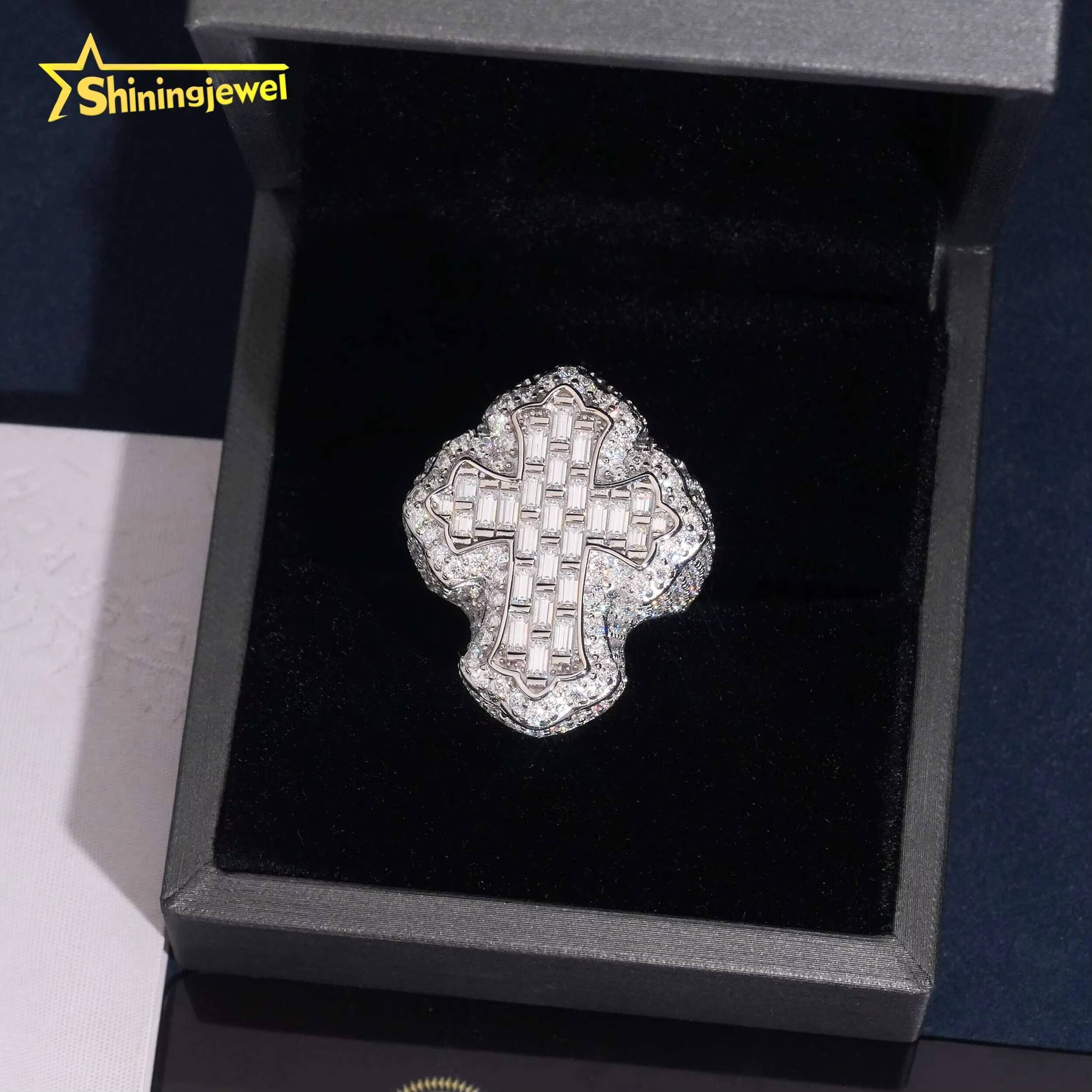 USA Warehouse Shipping 925 Silver Iced Out Baguette Moissanite Cross Ring Custom Hip Hop Moissanite Mens Ring Daily Wear