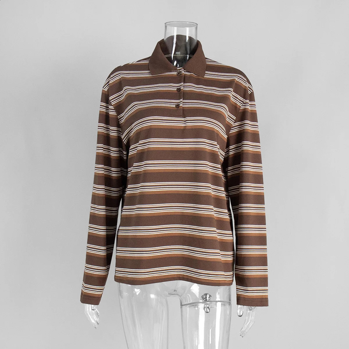 Womens Striped Polo Shirt Long Sleeve Vintage Collared Top Color Block Preppy Style Loose Fit Casual Tunic Contrast Trim Retro 251027