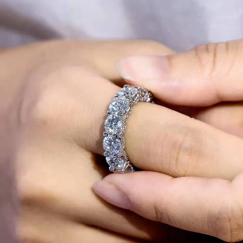 925 Sterling SIlver Pave Setting Eternity Moissanite Wedding Engagement Eternity Band Ring for Men Women