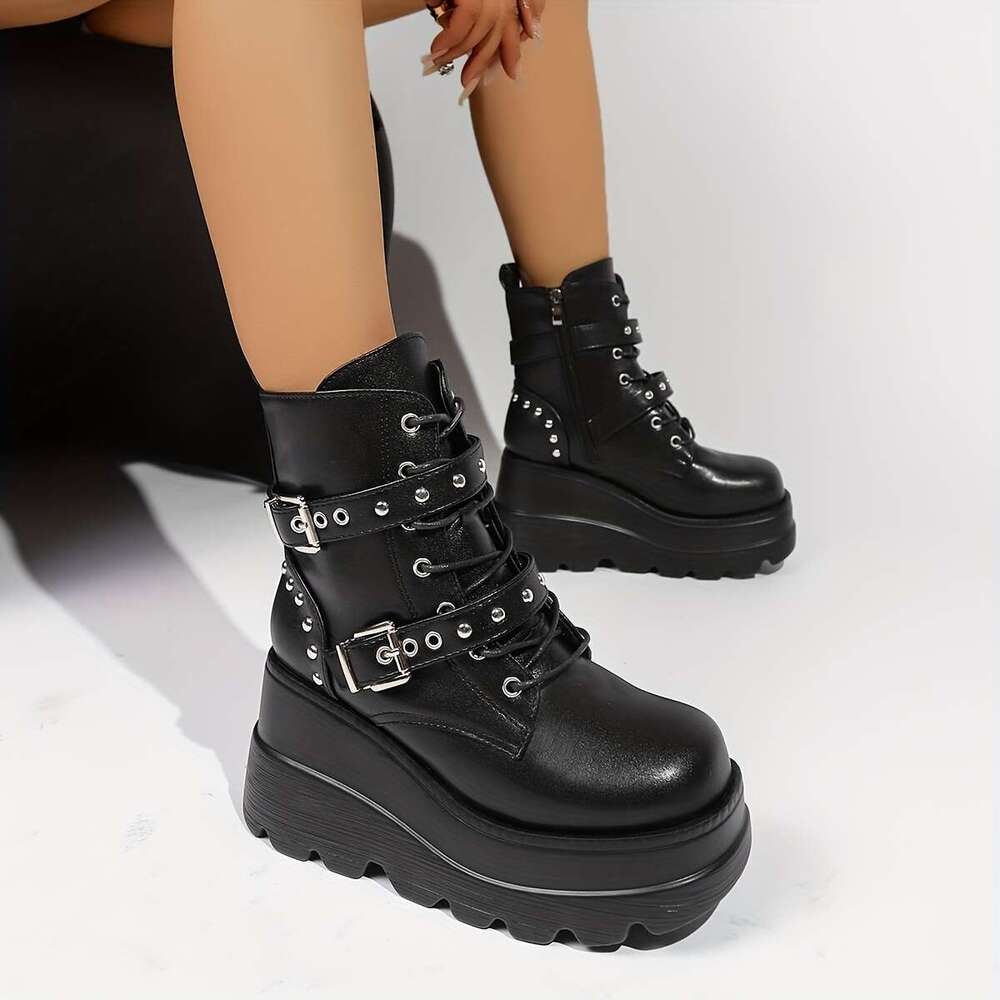 Women's Punk Style Ankle Thick Platform Sole, Side Zipper Closure Chunky Buckle Details - Black Synthetic Cover Round Toe Boots With Cushioned In
