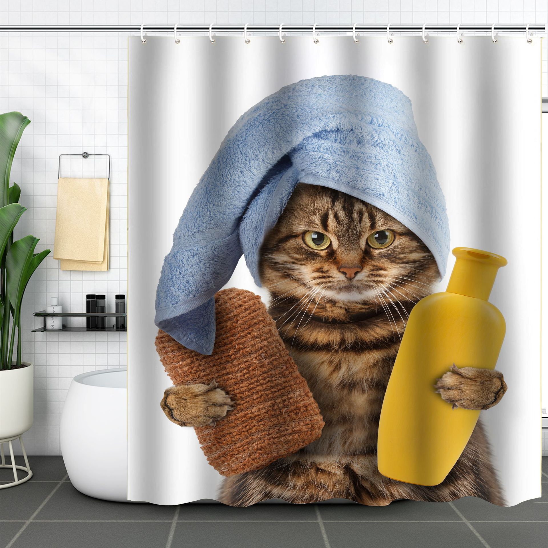YL-37578 3D digital shower curtain for cat bathing bathroom with dry and wet separation polyester with hooks