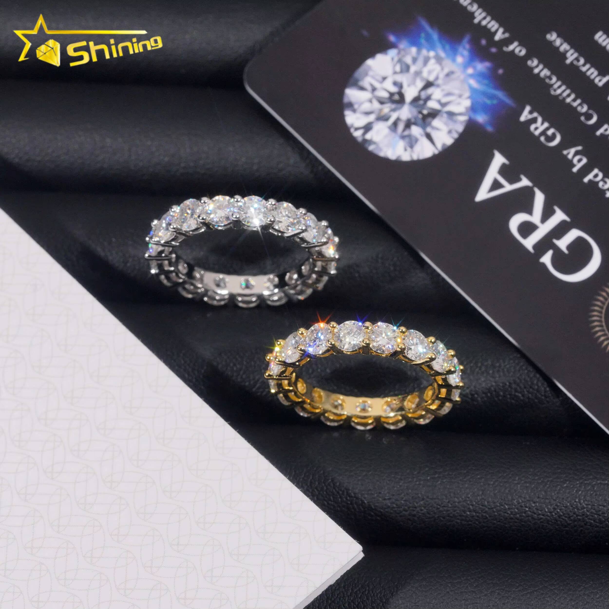 Stocks Solid 925 Sterling Silver Gold Plated Hip Hop Jewelry Luxury Fully Iced 4mm Diamond Moissanite Band Ring Eternity Rings