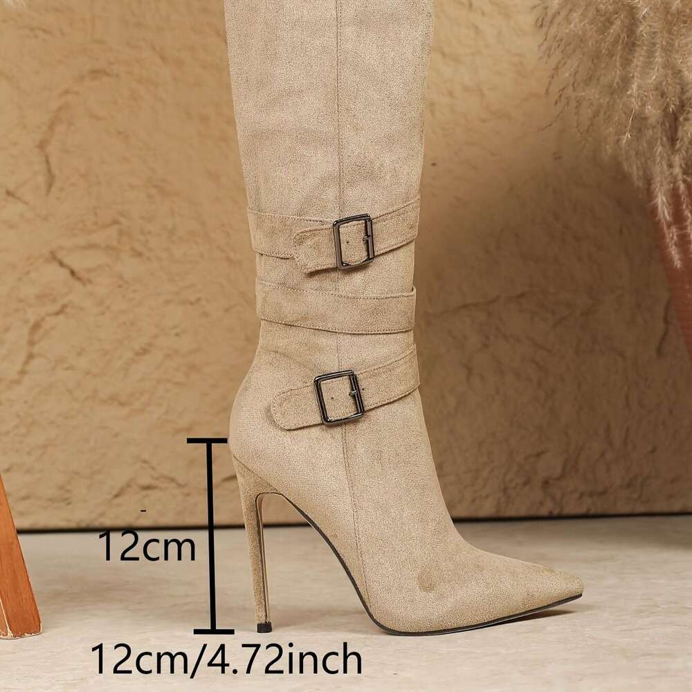 Women's Pointed Toe Stiletto Heel Knee-High With Adjustable Buckle Straps & Side Zipper - Elegant Beige Cover-Like Boots For Versatile Casual To 