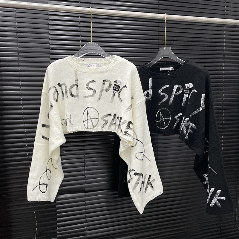 DEAT 2025 Autumn Fashion n Letter Printed Knit Sweater Top For Women Loose High Waist Oneck Pullover Female 11A05680 251027