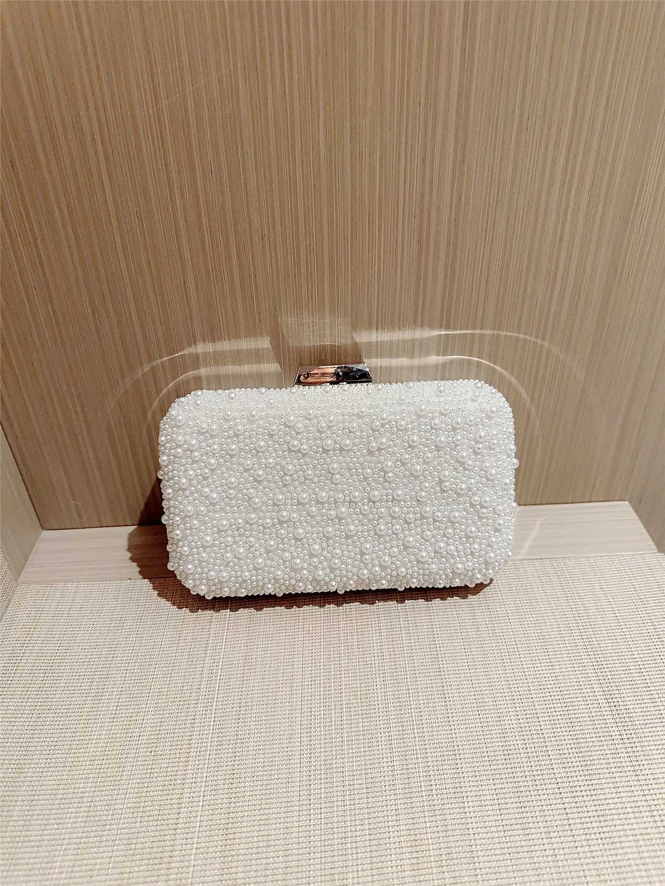 New Pearl Square Box Type Evening Bag Beaded Clutch Chain Bag Banquet Bag Evening Bag Dress Bag Wedding Bag H251027