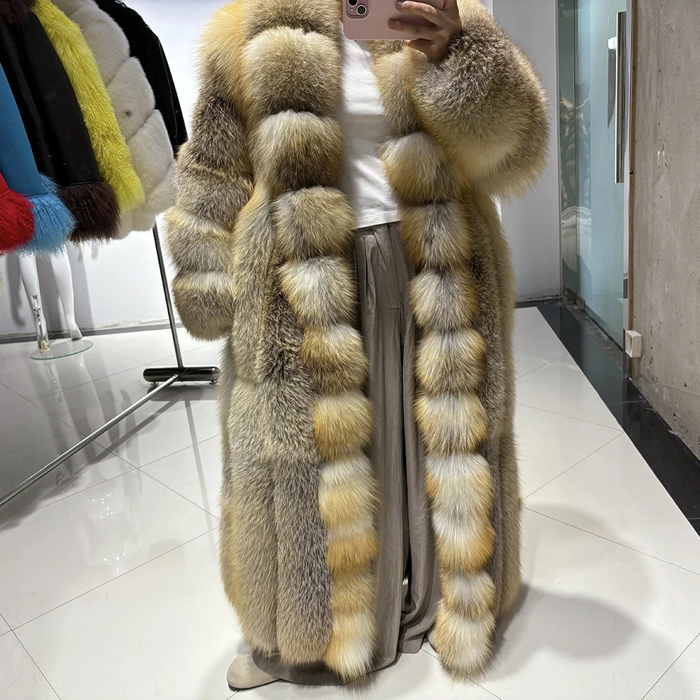 YOLOAgain Long Real Fox Fur Jacket Coat Women2025 Winter Natural Golden Fox Fur Coat Outerwear 251027