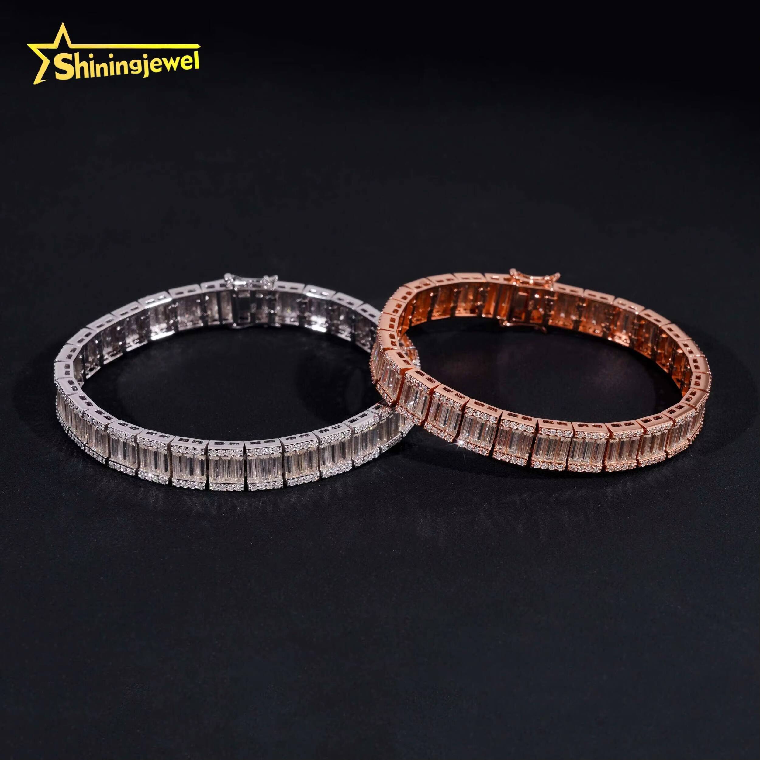 Luxury Jewelry Hip Hop Style 925 Sterling Silver 9mm Width Baguette Diamond Moissanite Tennis Bracelet