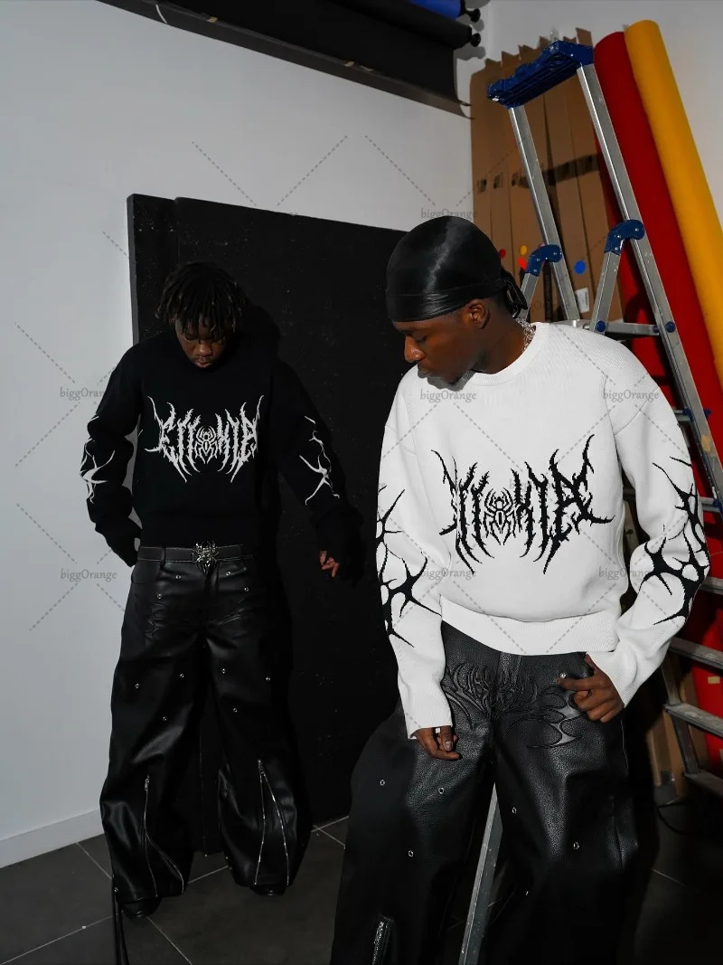 Gothic Punk Harajuku Graphic Knitted Oversized Sweater Men High Street Fashion Hiphop Casual Loose Pullover Streetwear 251023