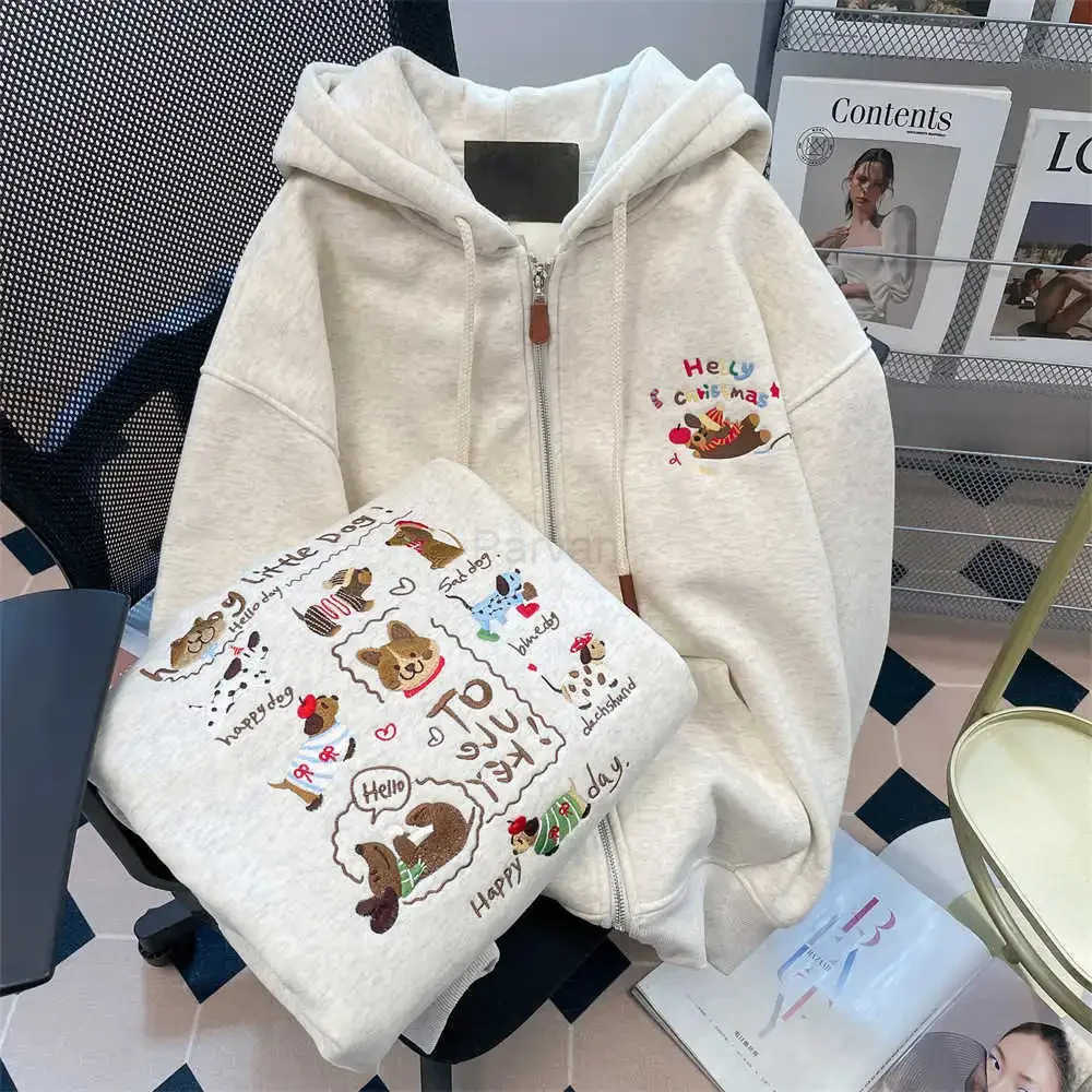 Sanrio Elegant Embroidered Doggies Open Cardigan Jacket Womens Autumn Winter New Style Super Cute Hoodie Cotton Thickened Coat L251028