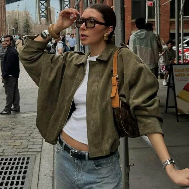 TFMLN Autumn Winter Women Suede Jacket Coat 2025 Fashion Long Sleeve Zipper Loose Bomber Coat Chic Lady Casual Streetwear 251027