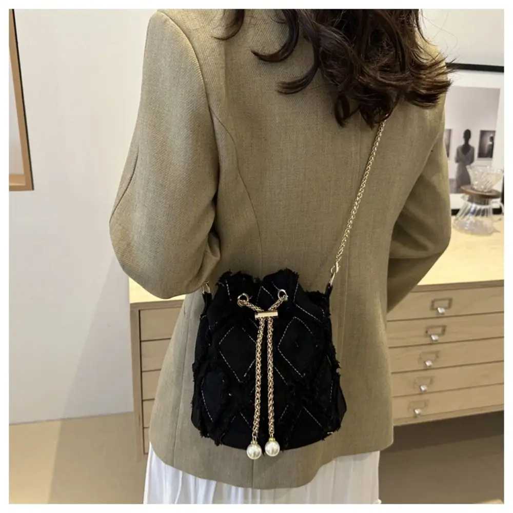 Portable Pearl Denim Bucket Bag Chain Small Purse Tassel Denim Crossbody Bag Korean Style Handbag Cloth Shoulder Bag PartyW251028