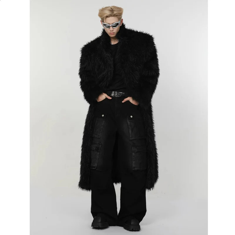 Mens winter artificial mink fur coat long over the knee fox fur wool fashion plush trench coat 251027