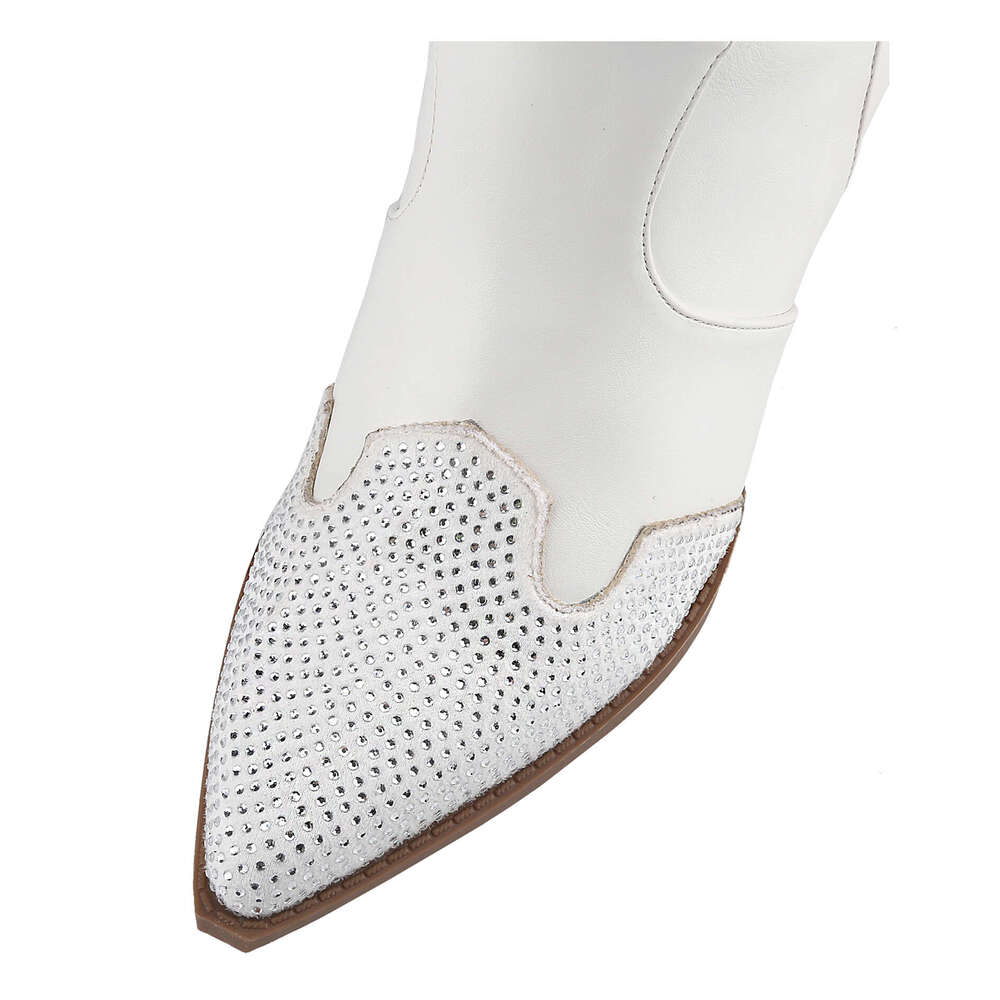 Comfortable Women's Rhinestone Long Boots Western Cowboy Style With Chunky Mid Heel And Pointed Toe