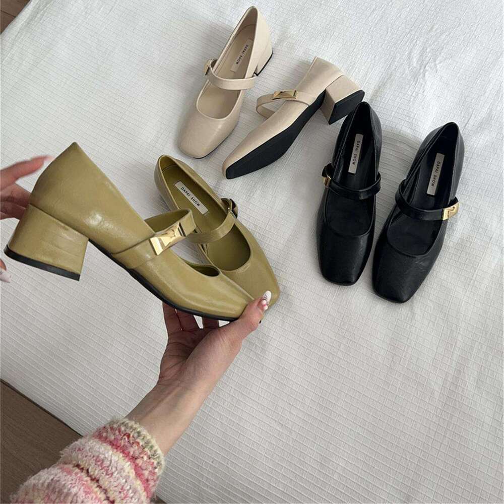 Square Toe Elegant Shallow Mouth Metal Strap Designer Shoe Single for Women Chunky Heel Mary Jane Shoes to Match Dresses