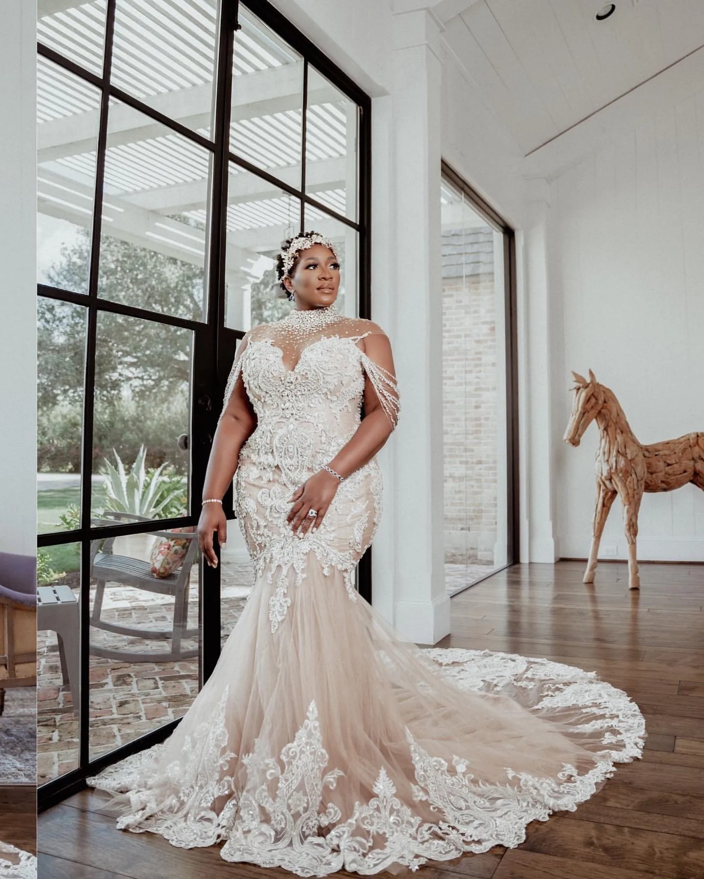 Aso Ebi Arabic Plus Size Mermaid Bridal Gown in Champagne with Full Lace Crystals Detachable Train and Illusion Design