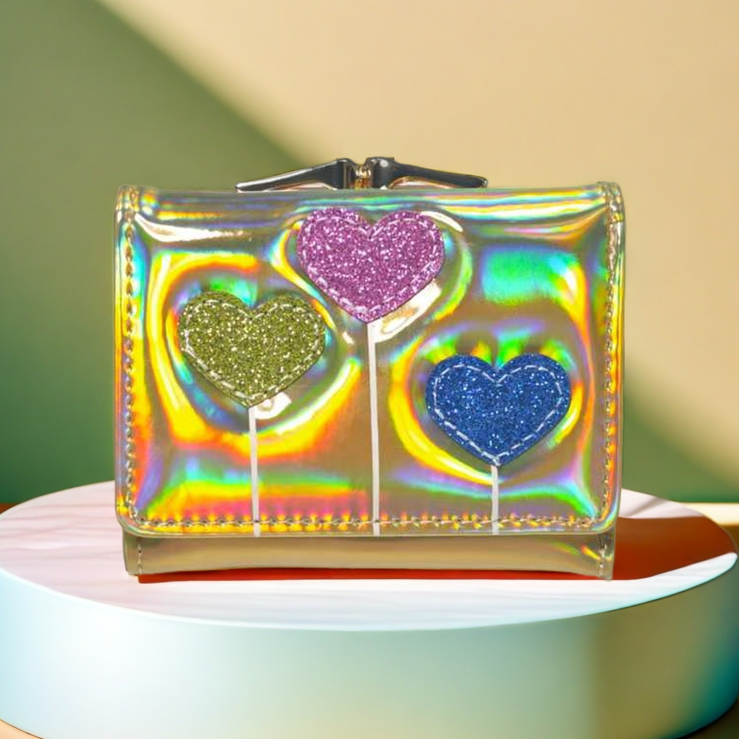 Kids' Holographic Glitter Heart Wallet - Iridescent Clear Mini Purse with Kiss-lock, Cute Colorful Heart Design for Girls, Trendy Small Wallet fo