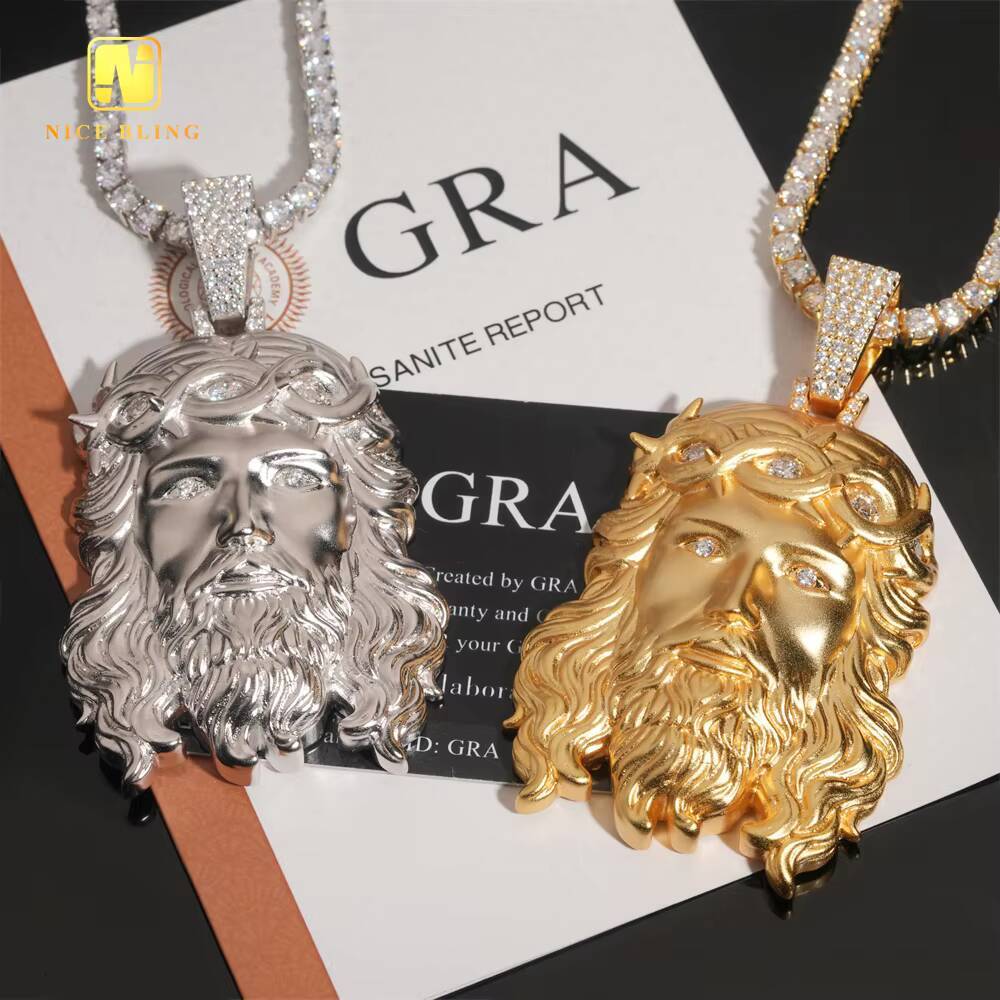 Big Size Ready to Ship Custom Solid Back Jesus Head Charms 925 Silver Diamond Hip Hop Moissanite Jewelry Iced Out Pendant