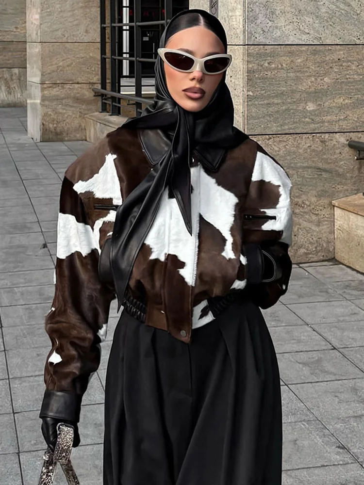 Fashion Womens Cow Print Jacket Lapel Collar Short Length Zipper Button Coats 2025 Autumn Winter Female Trendy Warm Outerwear 251028 - view 3