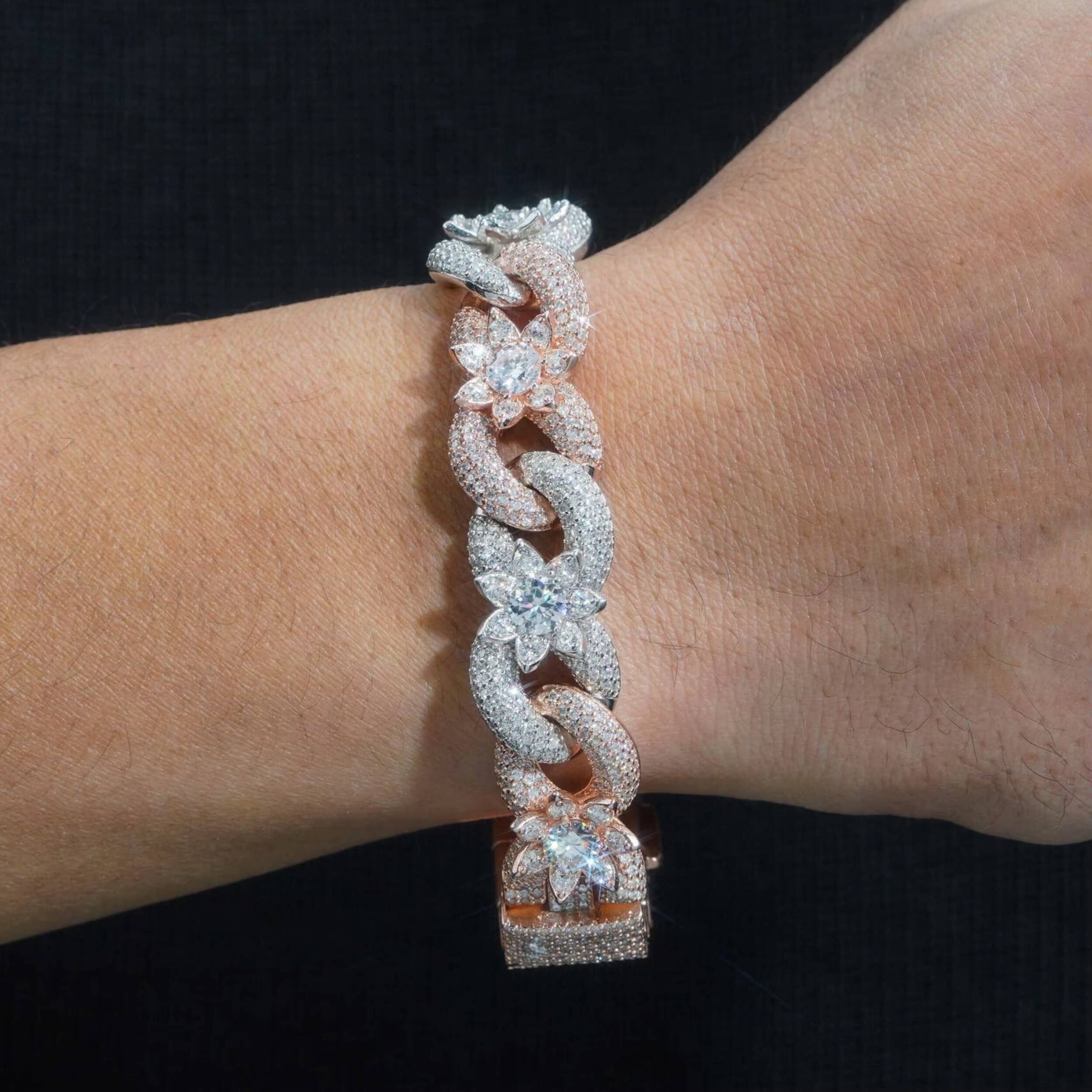 Lotus Flower Infinity Links 15mm Moissanite Chain Cuban Links Thick Heavy 925 Silver Cuban Link Chain Necklace 2 Tone