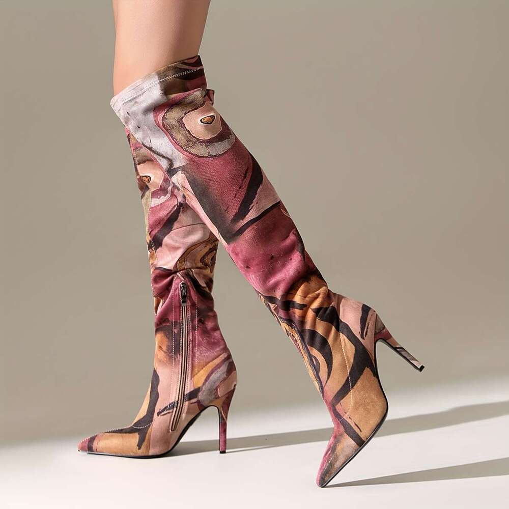 Elegant Over-The-Knee With Artistic Print, Pointed Toe, And Stiletto - Fabric & Faux Cover, Rubber Sole, Zip Closure For Women, High Heel Boots