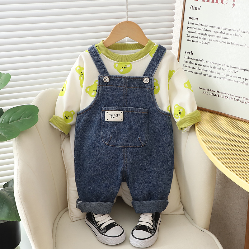 2025 Baby Boy Overalls Set, Cartoon Animal Print 2-Piece Outfit, Spring Autumn Clothes for Infant & Toddler