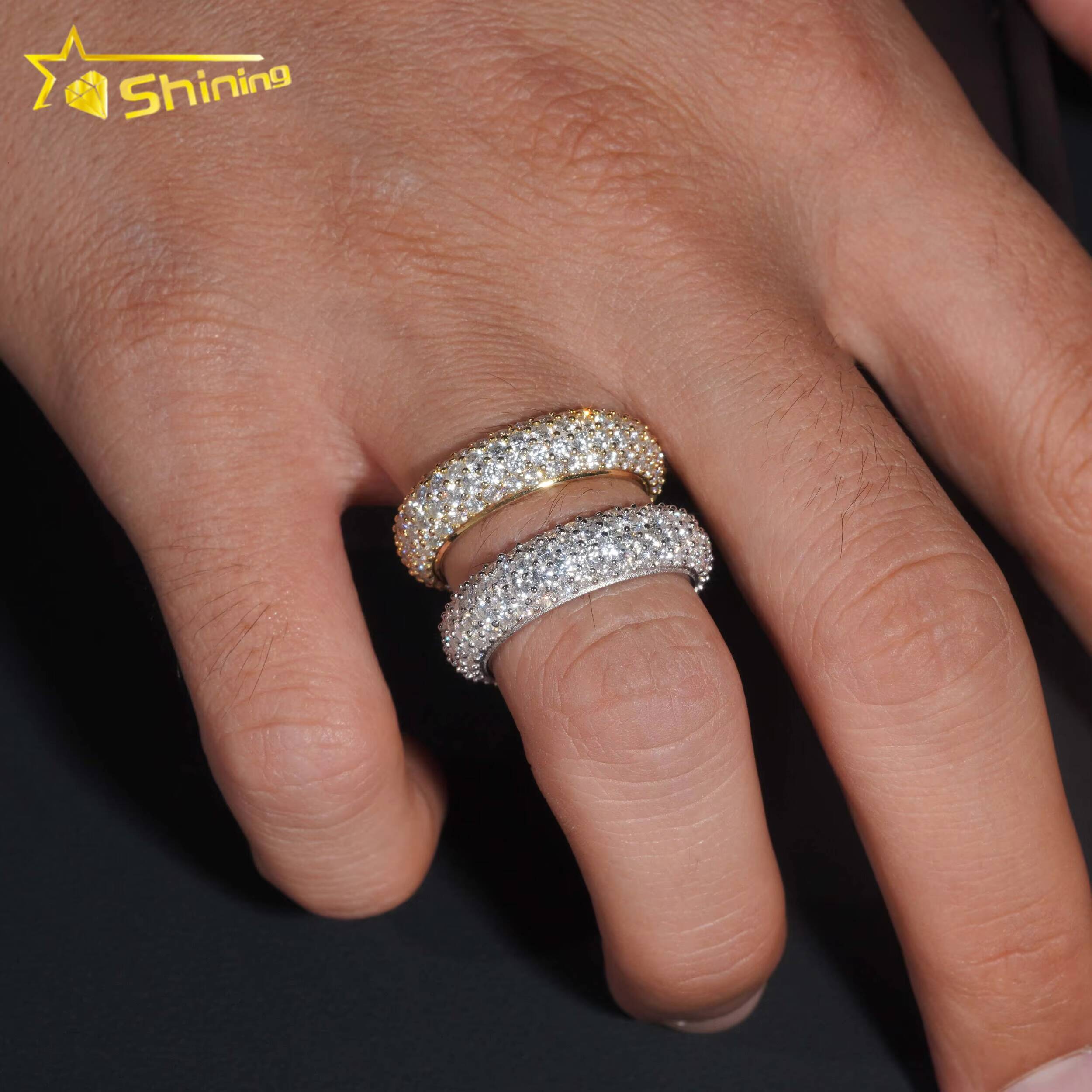 Fine Jewelry Stock GRA Certified Solid 925 Sterling Silver Gold Plated Iced Out Diamond Moissanite Fully Iced 4 Rows Band Ring