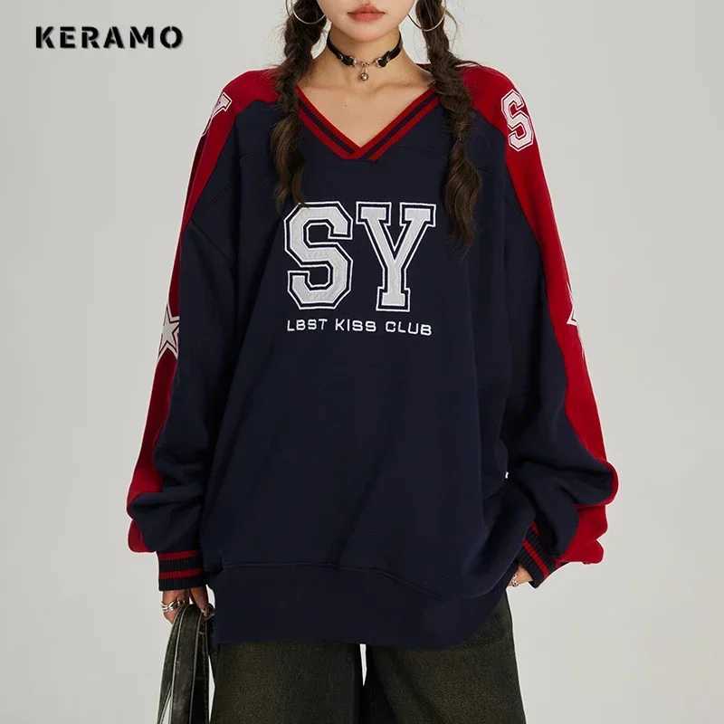 American Vintage Letter Print Fashion Casual Long Sleeve Sweatshirts 2024 Autumn Winter Womens Retro Loose VNeck Patchwork Top J251028