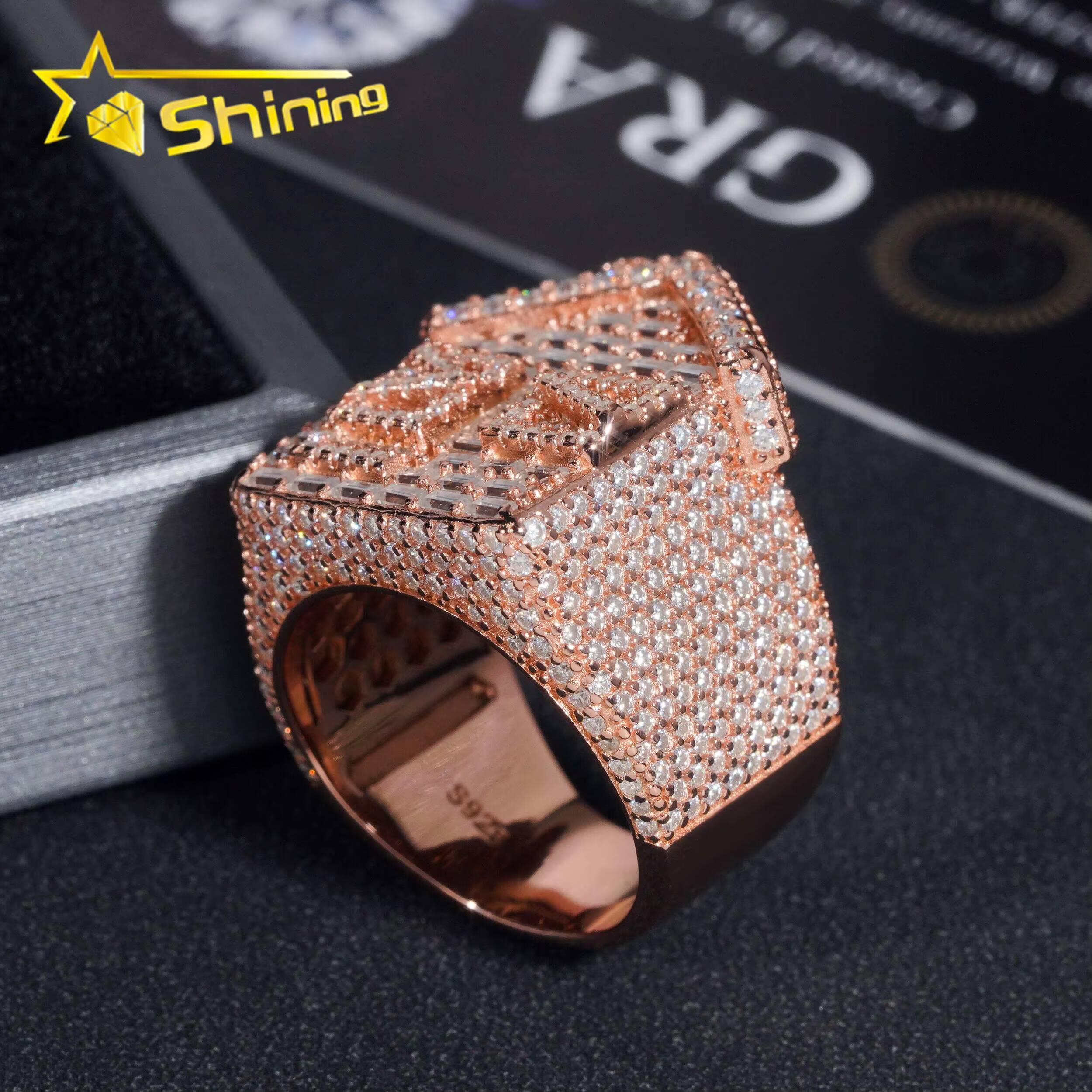 Luxury Rappers Hip Hop Jewelry Gold Plated Solid Inside 925 Sterling Silver Fully Iced Out Traper House Moissanite Ring