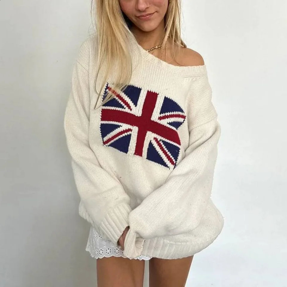 AutumnWinter European American British and American Rice Flag Knitted Sweater Womens Loose Large Round Neck Top 251027