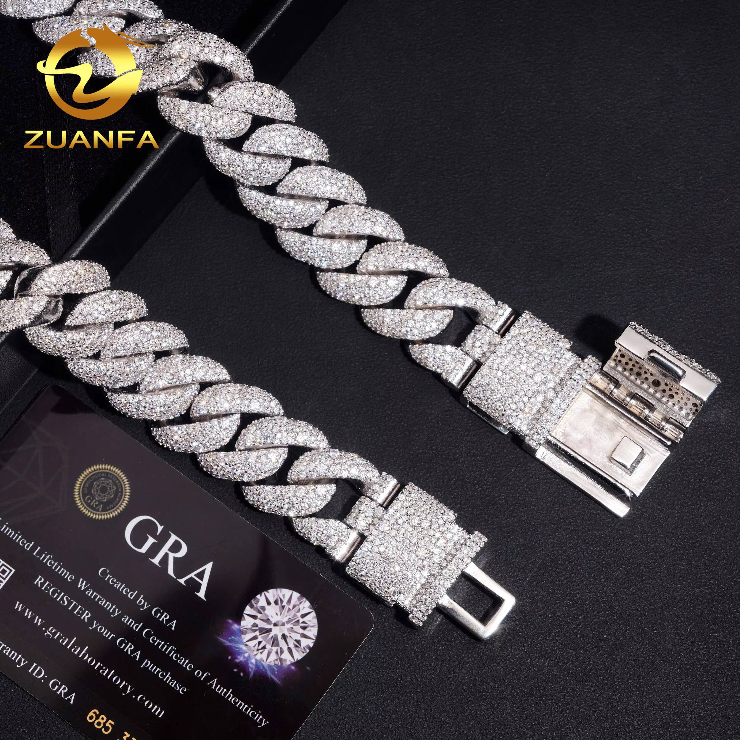 Zuanfa Jewelry Mosaic Setting 22mm Moissanite Cuban Chain GRA Certified Pass Diamond Tester 925 Silver Cuban Link Chain Necklace