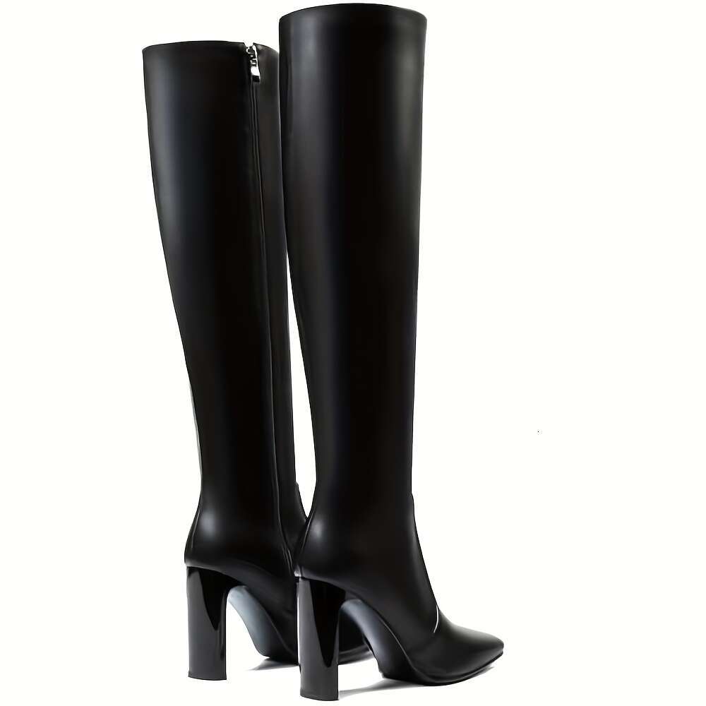 Women's Black Knee-High Combat With Side Zipper Square Toe - Chunky Heel Glossy PU Cover Punk Women, All-Season Versatile Footwear For Dresses & 