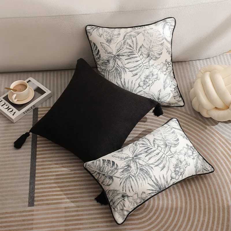 Pillow Case New French Retro Light Luxury Cushion Cover Black and White Plant Printed Covers Decorative WithTassel Home case C251028
