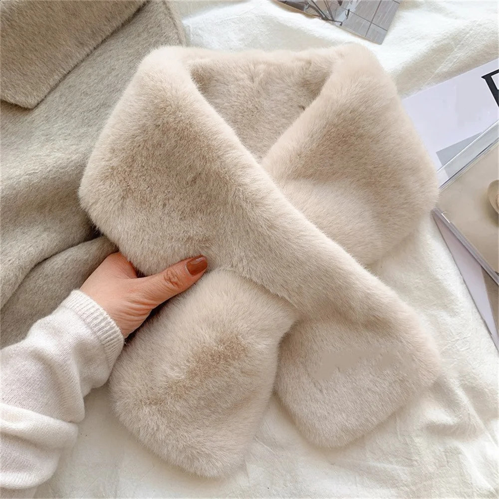 Women Winter Warm Thicken Cross Collar Scarf Solid Color Faux Rabbit Fur Cold Proof Scarves Fashion Soft Furry Neck Warmer 251023
