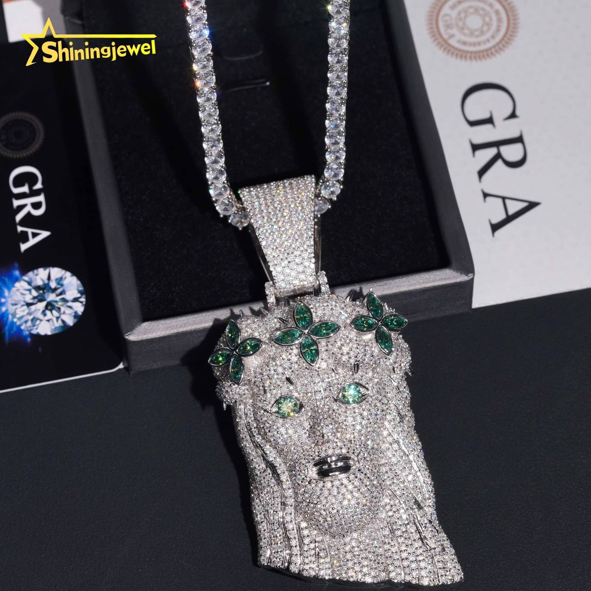 Iced Out Jewelry Custom Blue Green Hip Hop 925 Silver Pendants Men Moissanite Jesus Piece Pendant