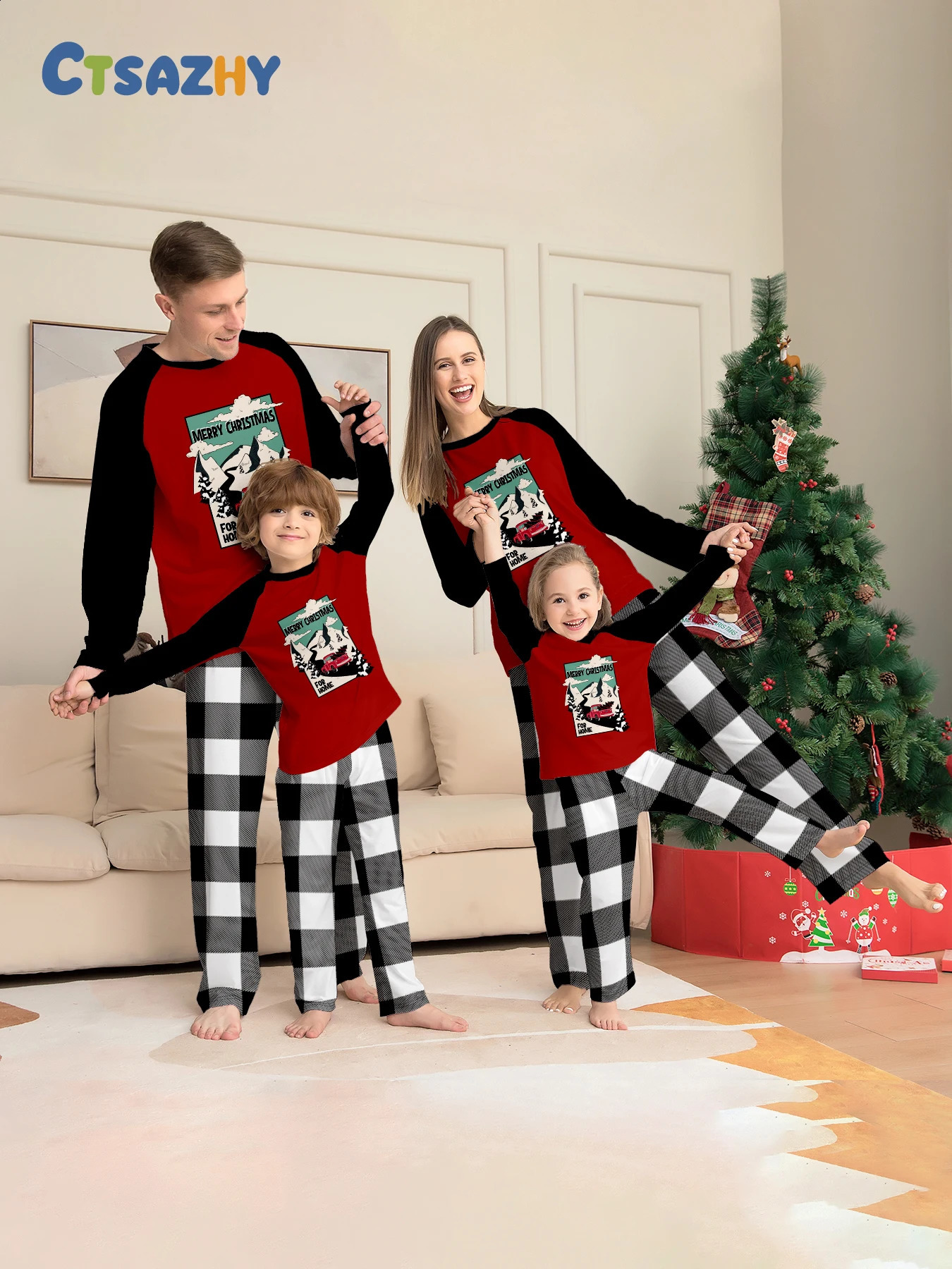 Christmas Family Matching Pajamas Set MERRY CHRISTMAS Raglan Sleeve Red Black Top Black White Plaid Sleepwear 251027
