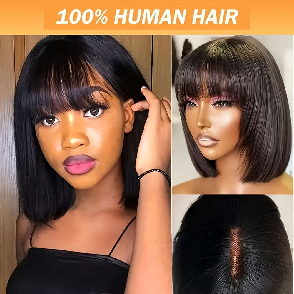 180% 4X1 HD Lace Short Straight Human Hair Glueless Wig Natural Color With Bangs Brazilian Remy Put On Go Bob Wigs For Women
