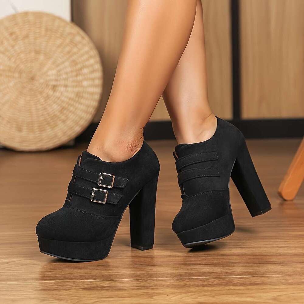 Women's Fashion High Heel Ankle Boots, Autumn And Winter Season, New Style, Chunky Heel, Round Toe, Thick Sole, Non-Slip Rubber Outsole, Double B