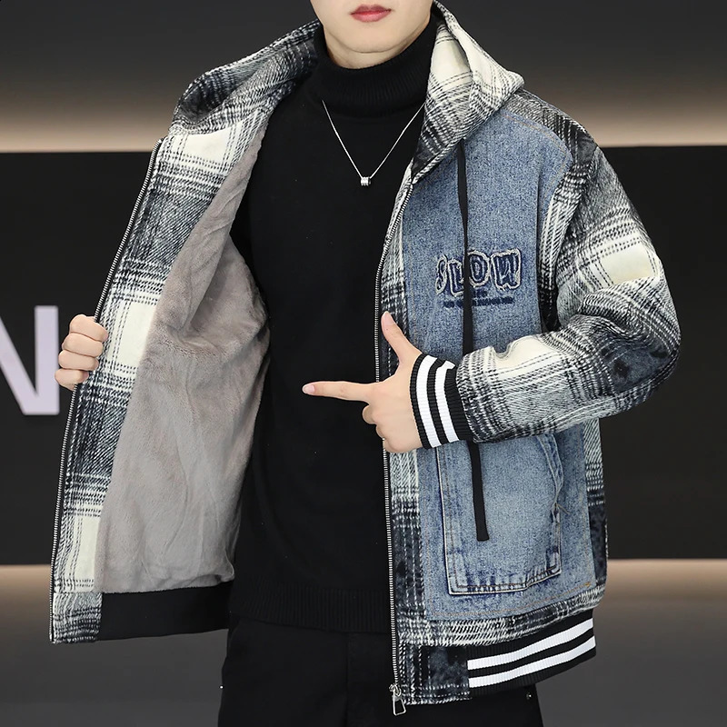 Autumn Winter Thickened Fleece Mens Denim Jacket Style Cotton Hooded Coat Warm Fashionable Outerwear 251017