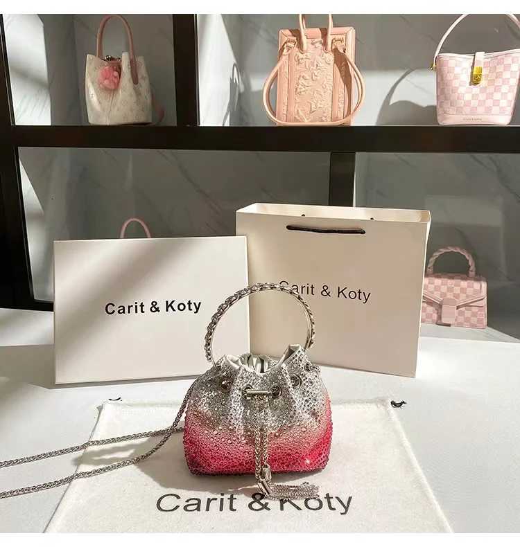 Crystal Shiny Diamonds Bucket Bag Fashion Women Handbag Metal Ring Handle Evening Bag Wedding Party Clutch Purse Crossbody Bag H251027