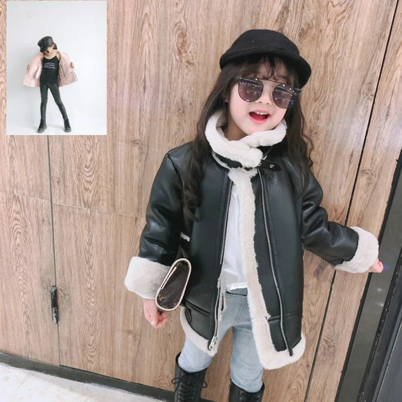 Girls leather jacket with thickened fur and integrated coat top 2025 winter clothing childrens clothing 38 years old 251027