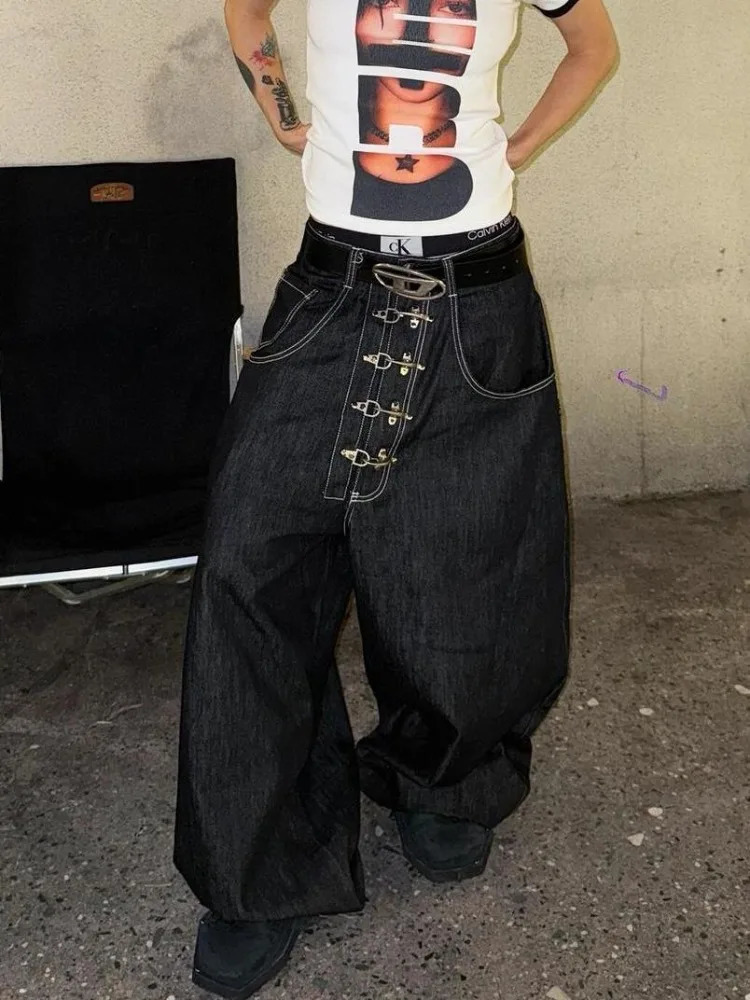 Womens Metal Buckle n Curved Wideleg Jeans High Waist Straight Baggy Denim Pants Female Vintage Street Style Trouser 251027